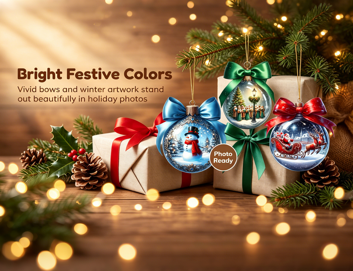 Three Christmas ornaments hang over gifts and pine decorations.