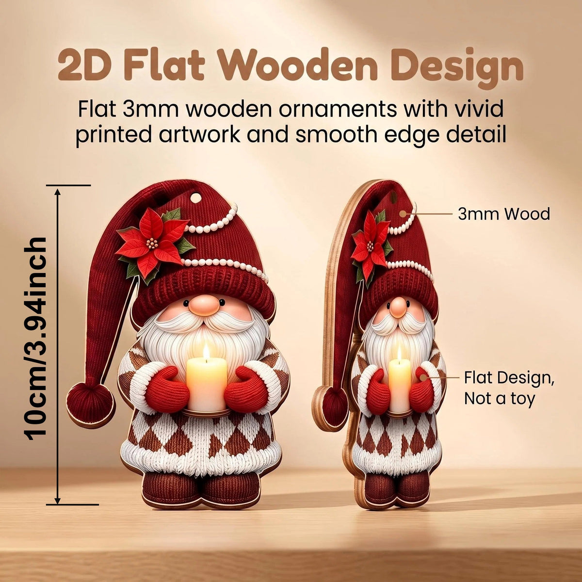 Two flat wooden gnome Christmas ornaments.