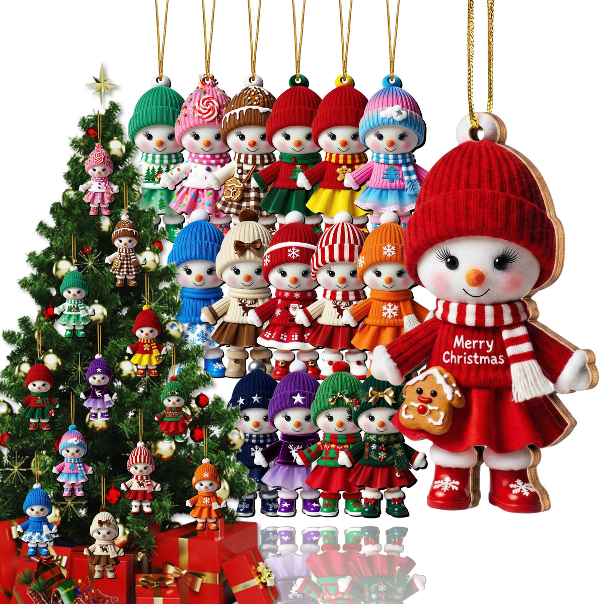 Illustrative collection graphic of colorful snowman ornaments in varied outfits and colors for comparing rustic and vibrant decorating styles.