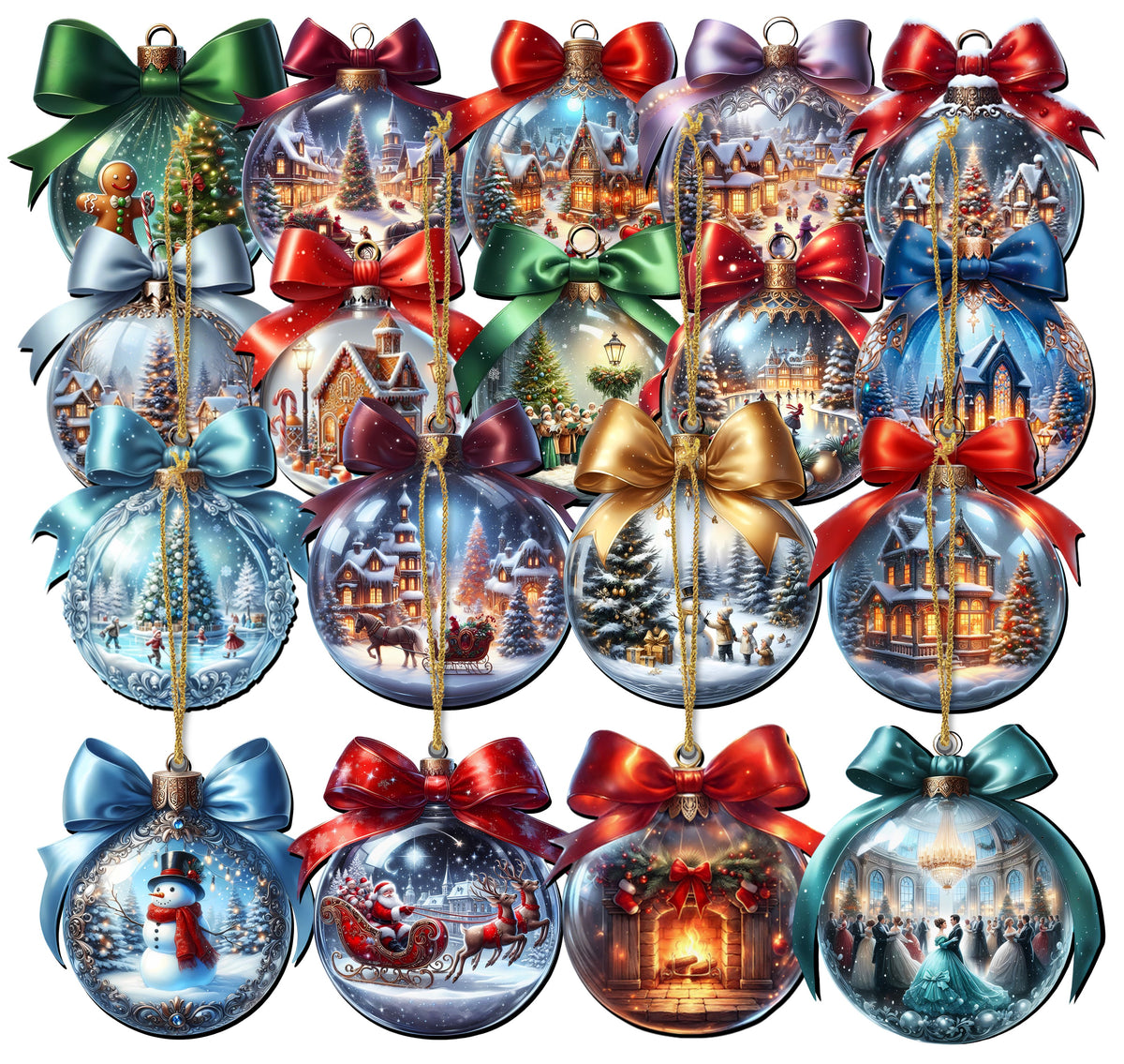 Sixteen Christmas ornaments with different holiday scenes.