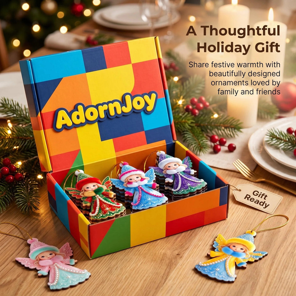 AdornJoy box with angel ornaments, "Gift Ready" tag