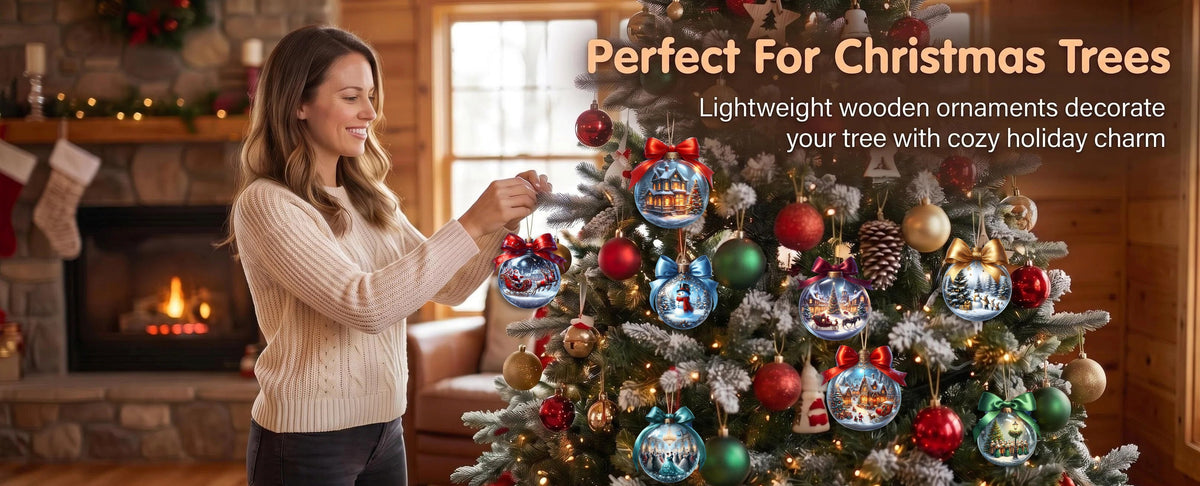 Woman decorating Christmas tree with ornaments