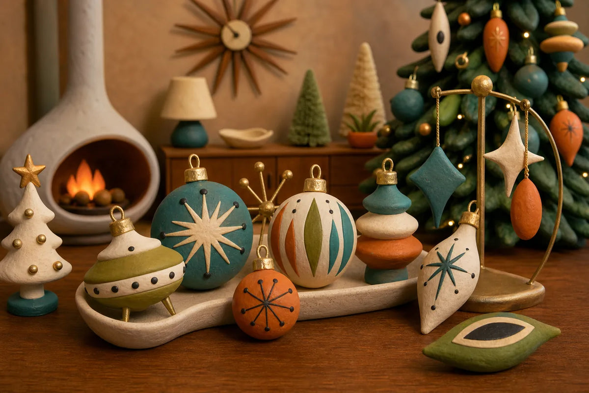 Editorial illustration illustrating Best Mid Century Modern Christmas Ornaments