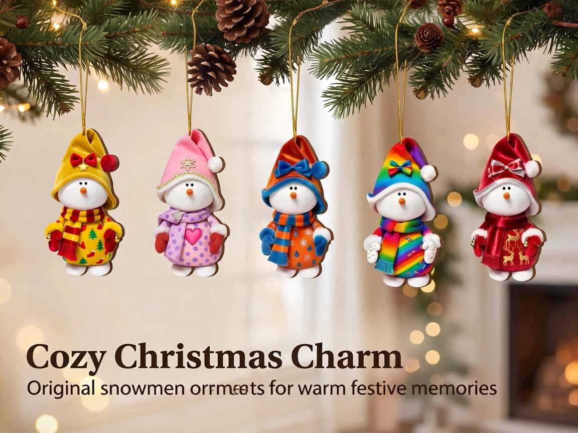 Five colorful snowman Christmas ornaments on a pine branch.