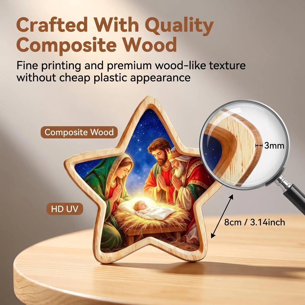 Nativity ornament on wooden surface with dimensions