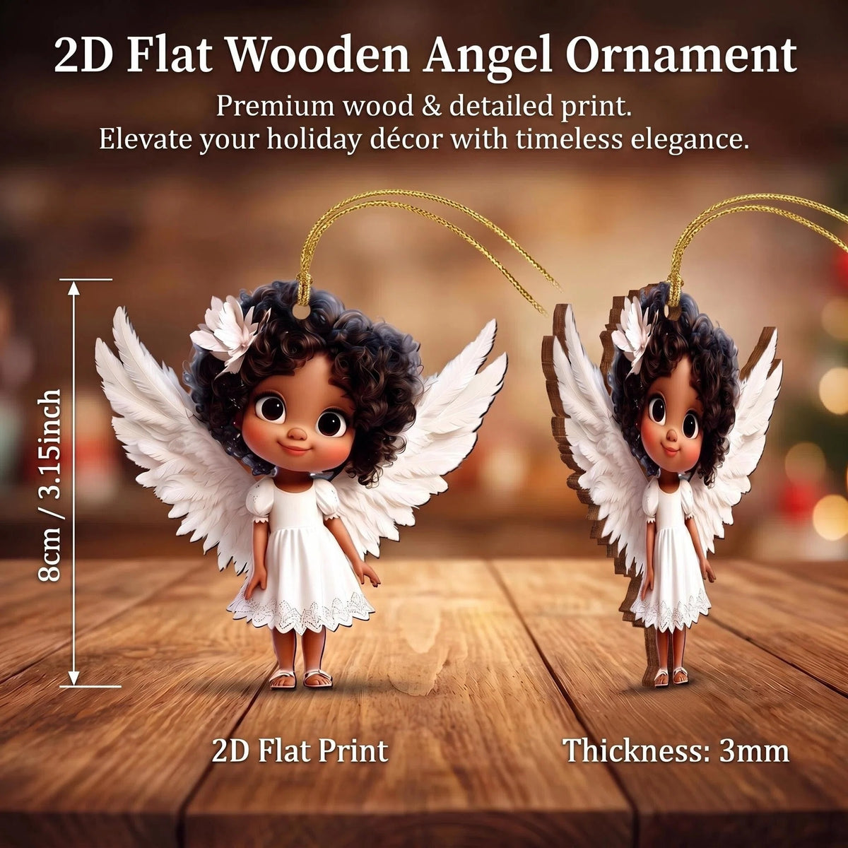 Two wooden angel ornaments displayed on a wooden surface.