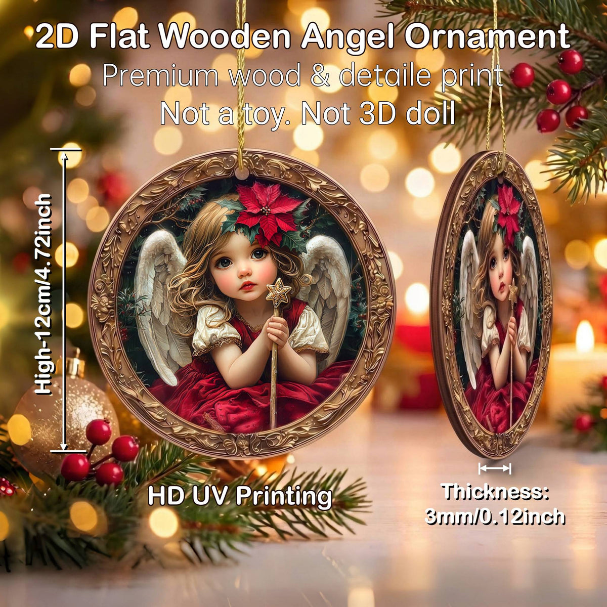 Two flat wooden angel Christmas ornaments hanging.