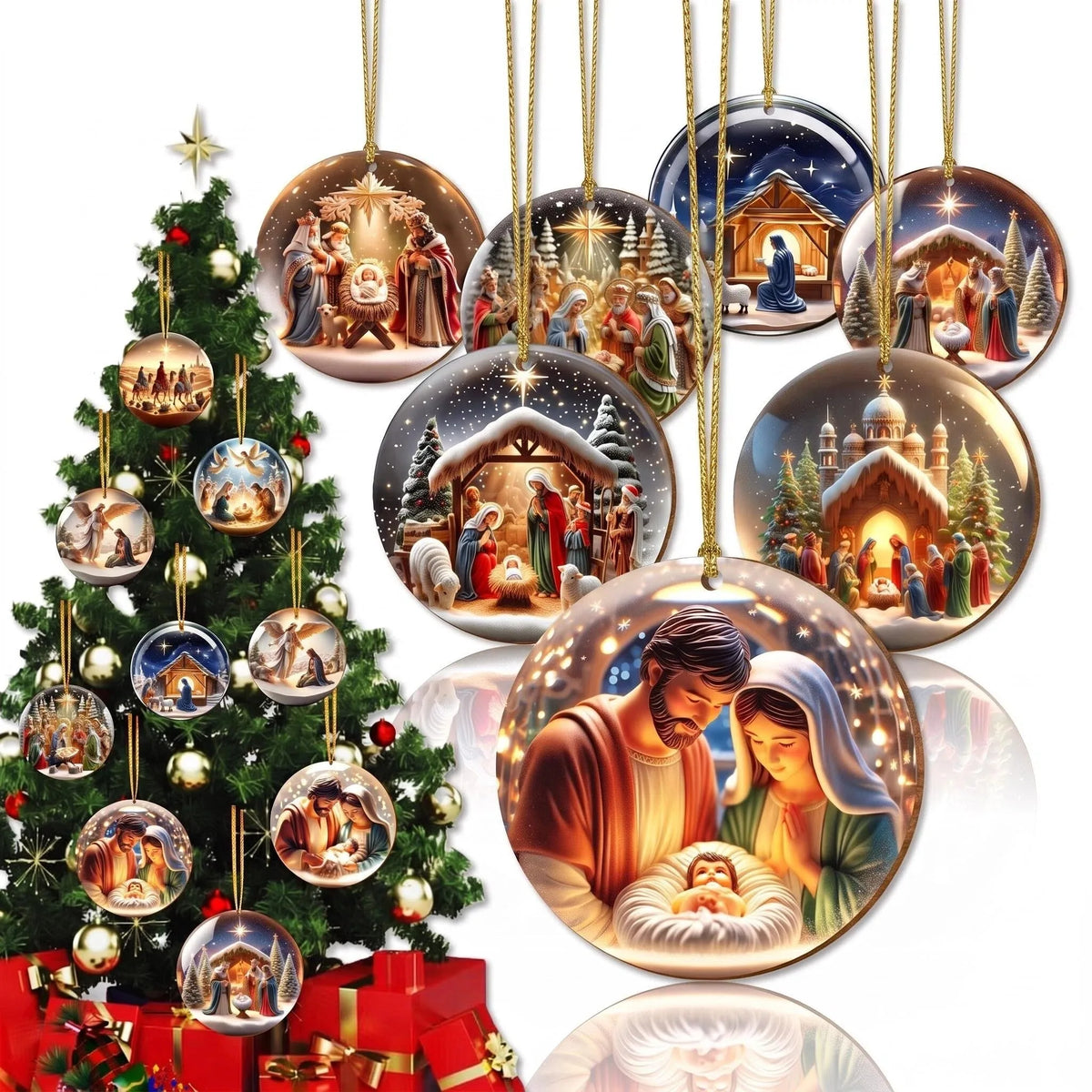 Colorful wooden nativity Christmas ornaments on a family Christmas tree