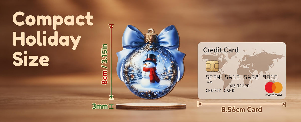 Snowman ornament with size comparison to a credit card.