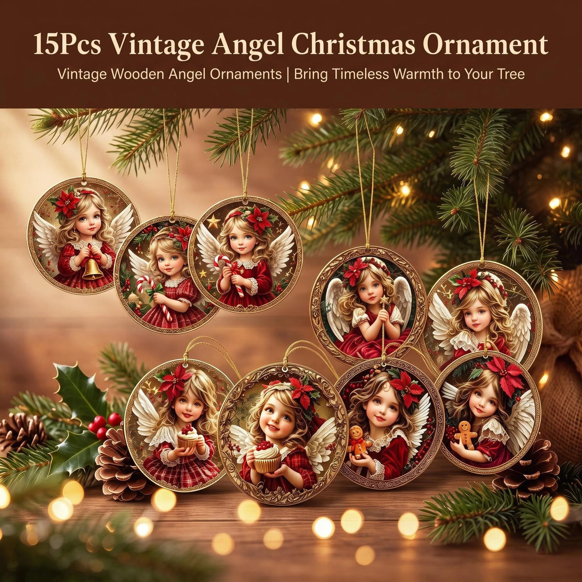 Vintage angel Christmas ornaments on a tree.