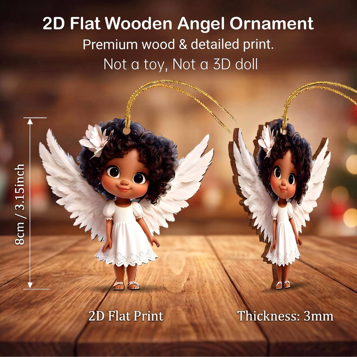 Two flat wooden angel ornaments on a wooden background.