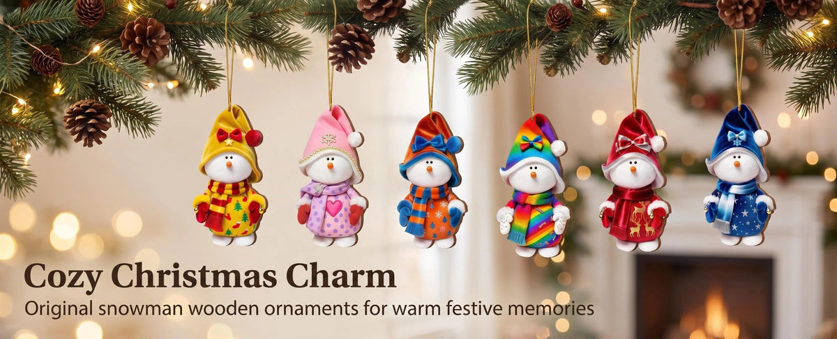 Six colorful snowman wooden ornaments displayed beneath evergreen branches in a product promotional image.