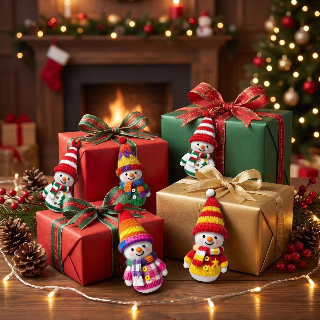 Side view of a flat wooden snowman Christmas ornament with a red hat, striped scarf, and visible wooden edge.