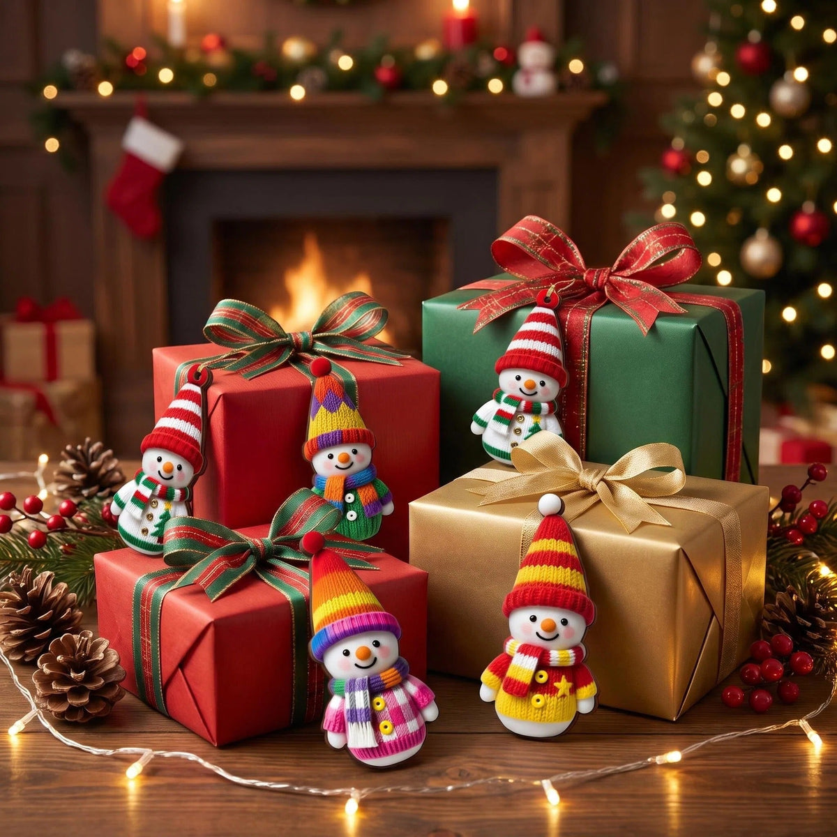Side view of a flat wooden snowman Christmas ornament with a red hat, striped scarf, and visible wooden edge.
