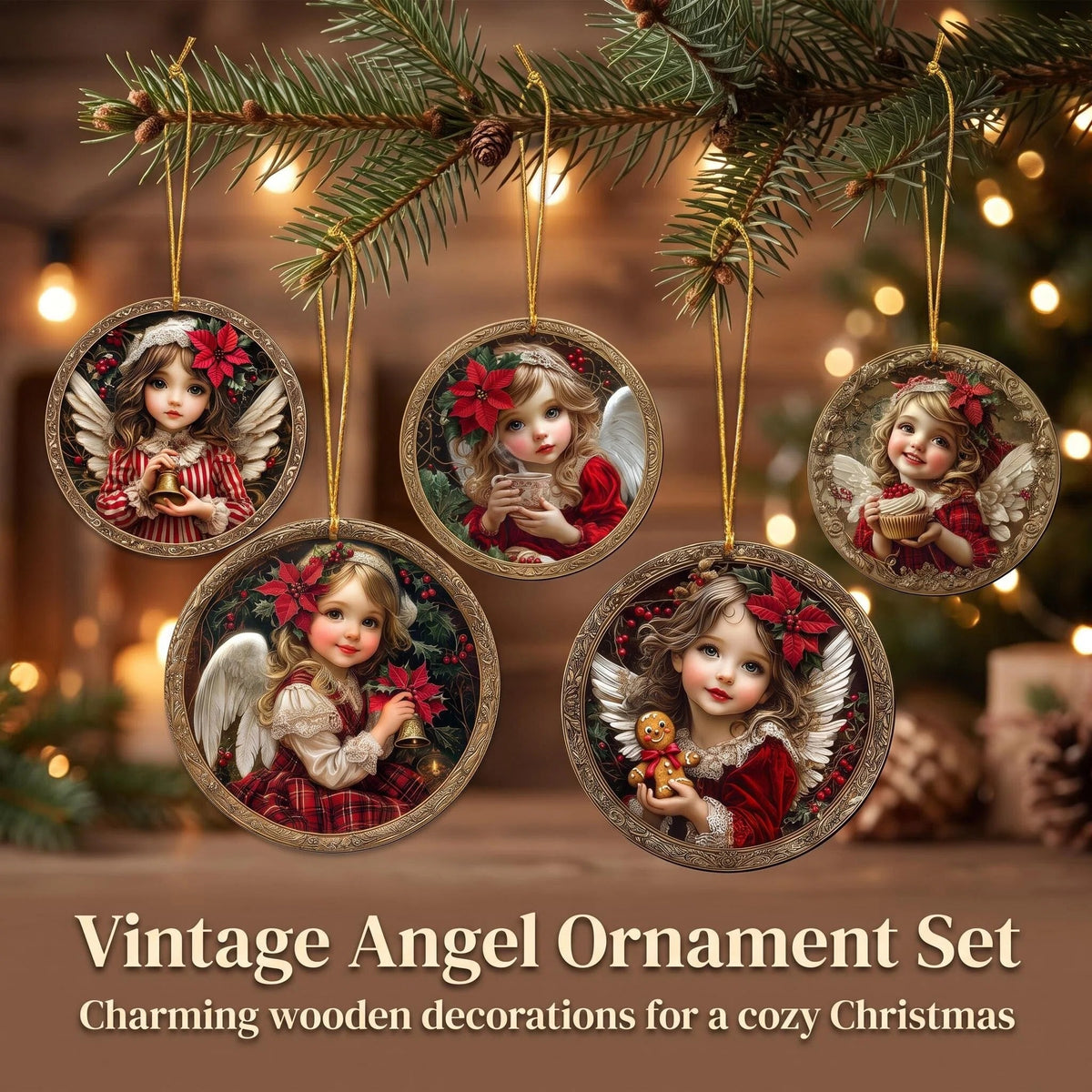 Vintage angel ornaments hanging from a Christmas tree branch.