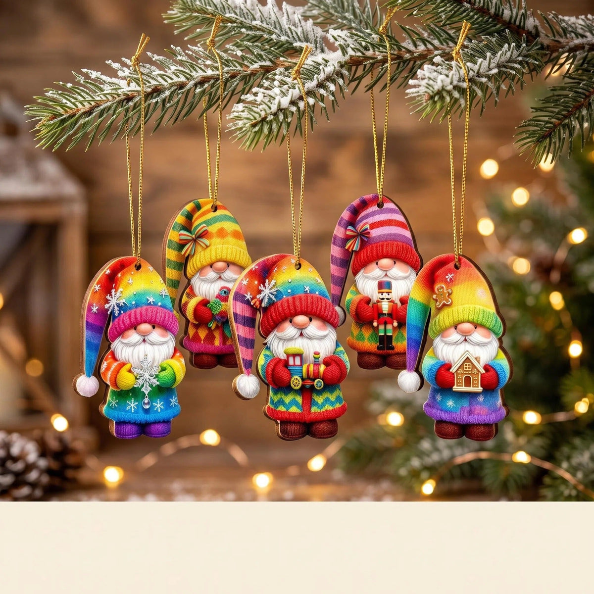 Product illustration of flat Santa gnome ornaments with rainbow-striped hats and colorful printed winter patterns.