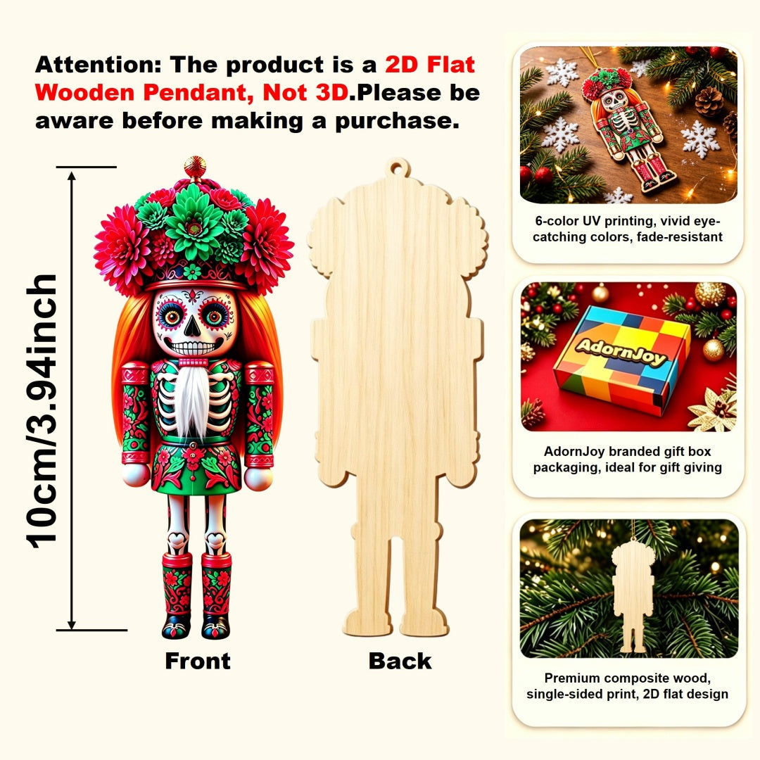Product information graphic showing the illustrated floral sugar skull nutcracker front and plain wooden reverse.