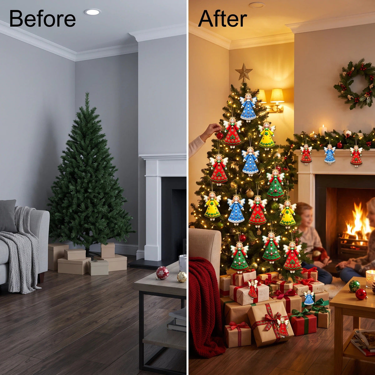 Illustrative before-and-after room scene showing a Christmas tree decorated with colorful angel ornaments.