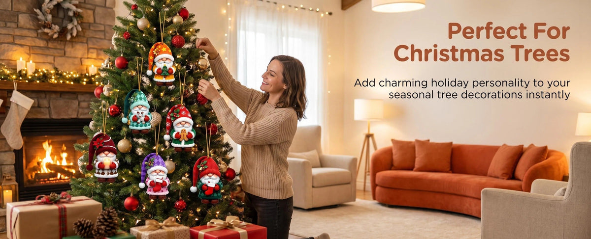 Illustrative lifestyle graphic of a person hanging colorful Santa gnome ornaments on a Christmas tree.