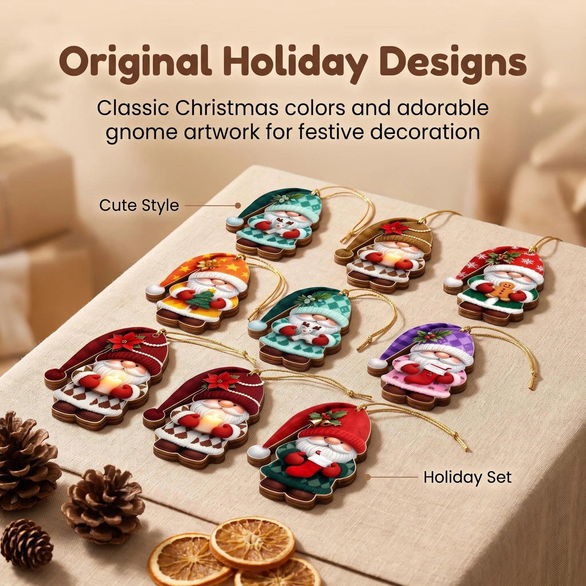 Illustrative promotional graphic of Santa gnome ornaments in warm traditional colors, arranged with natural Christmas greenery and rustic accents.