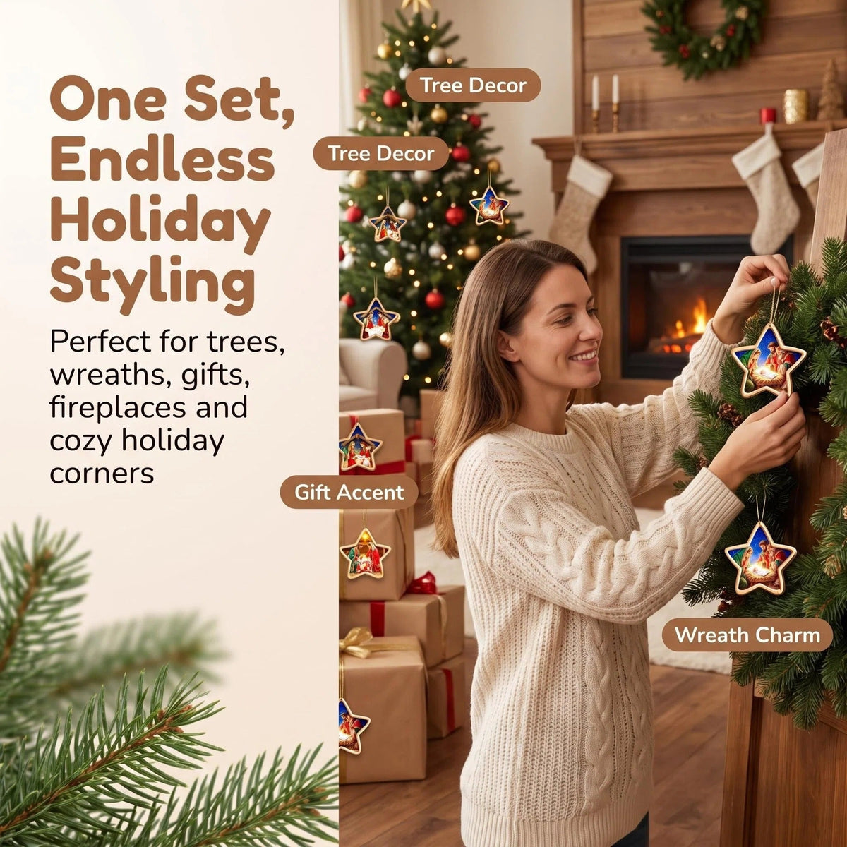 Illustrative lifestyle scene of a person placing a Nativity star ornament on a Christmas tree in a warm, contemporary living room.