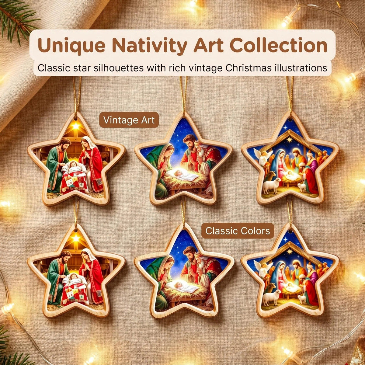 Promotional illustration of star-shaped Nativity ornament designs featuring printed Holy Family scenes.