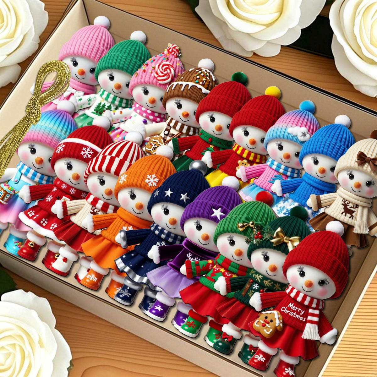 Promotional illustration of assorted flat snowman ornament designs with colorful printed winter hats, scarves and clothing details.