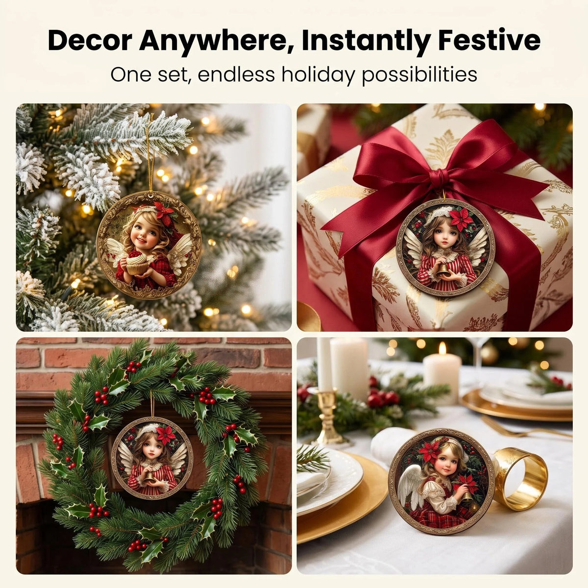 Christmas decor with angel ornament on tree, gift, wreath, and napkin ring.