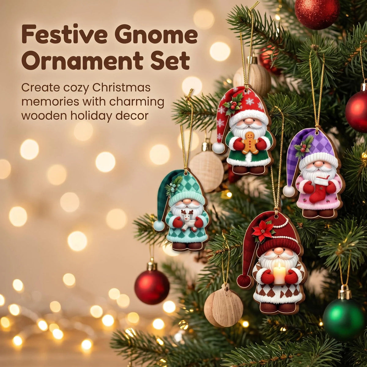 Gnome ornaments on a Christmas tree.