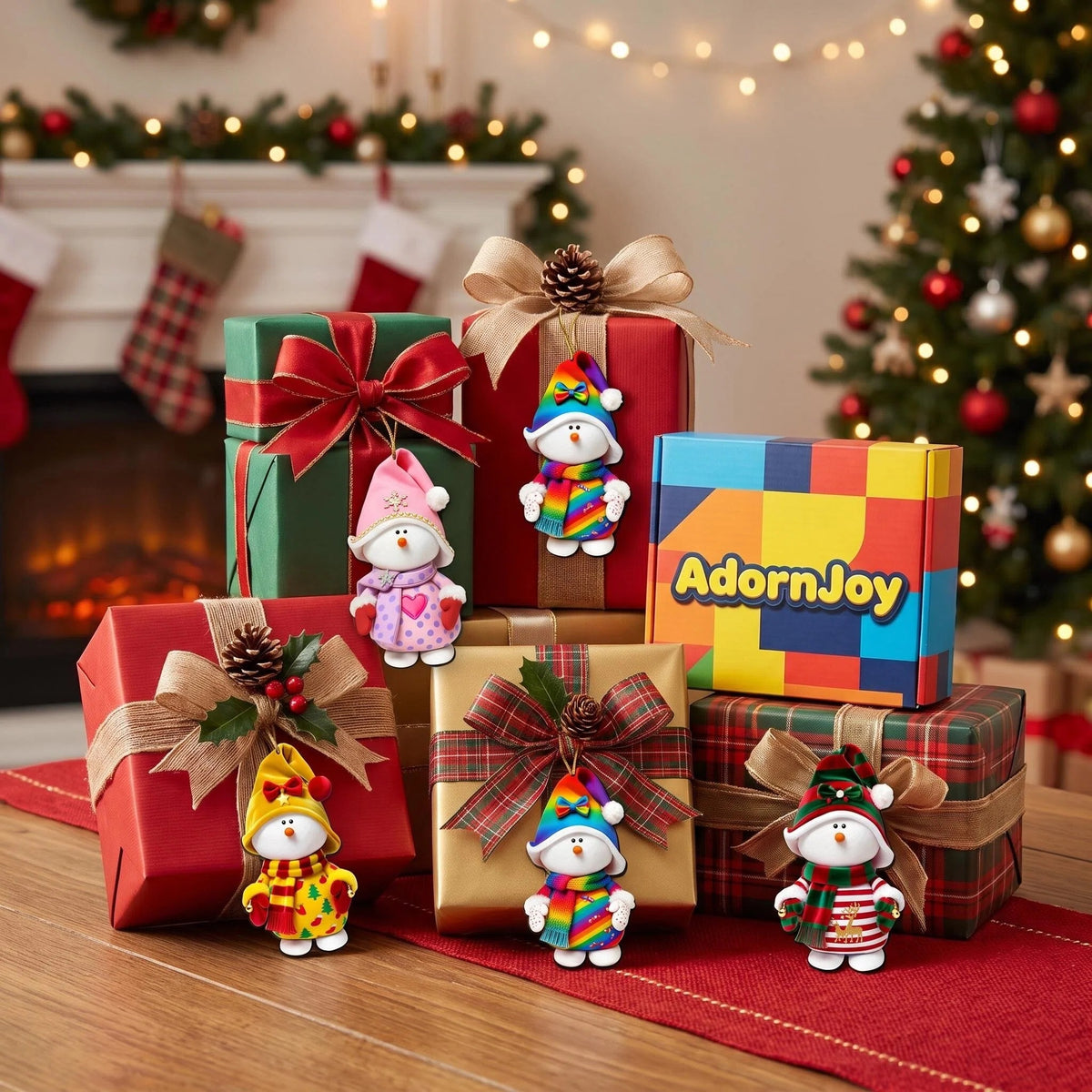 Christmas presents and snowman ornaments with AdornJoy box.