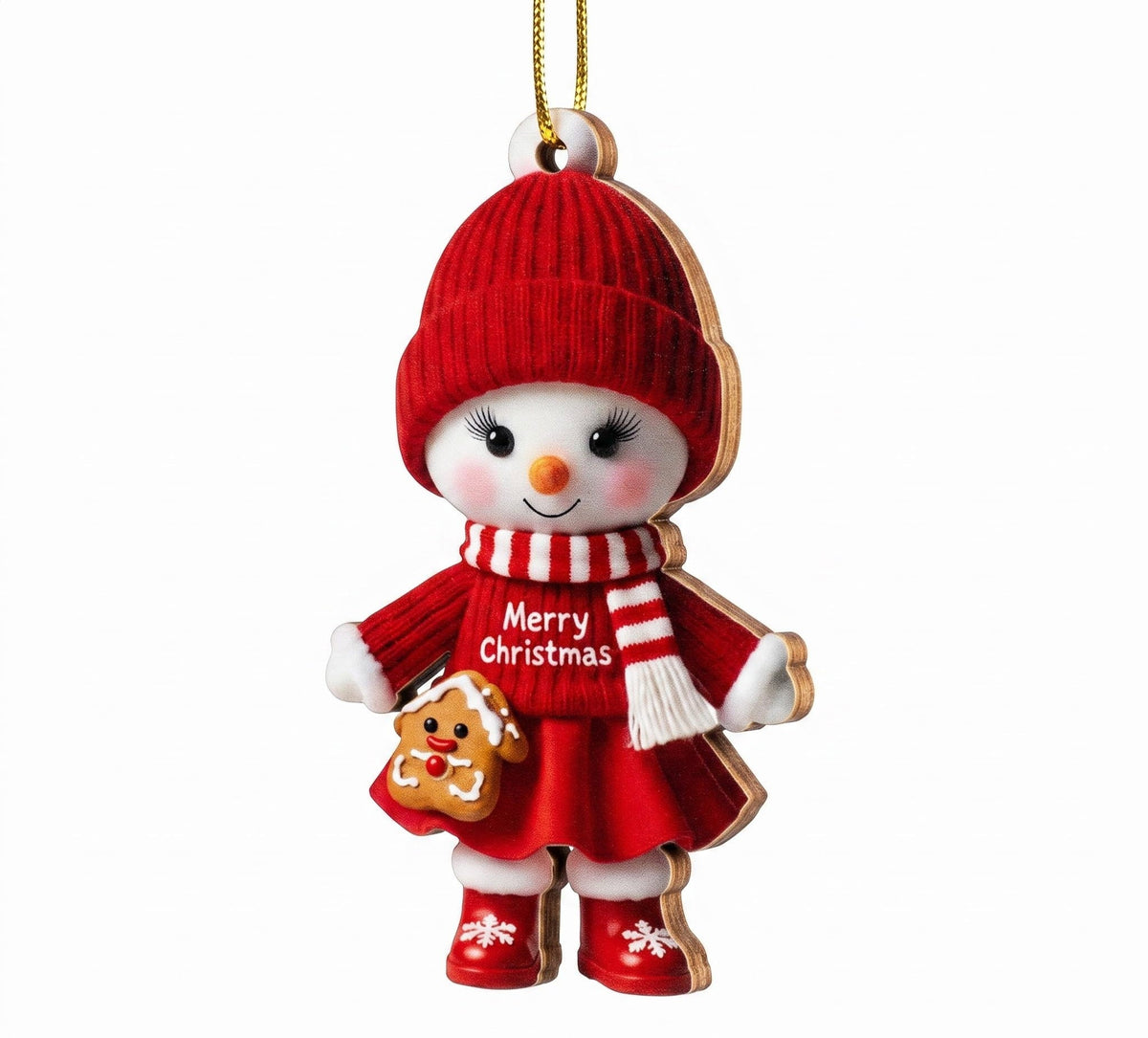 Side view of a flat wooden snowman Christmas ornament with a red hat, striped scarf, and visible wooden edge.