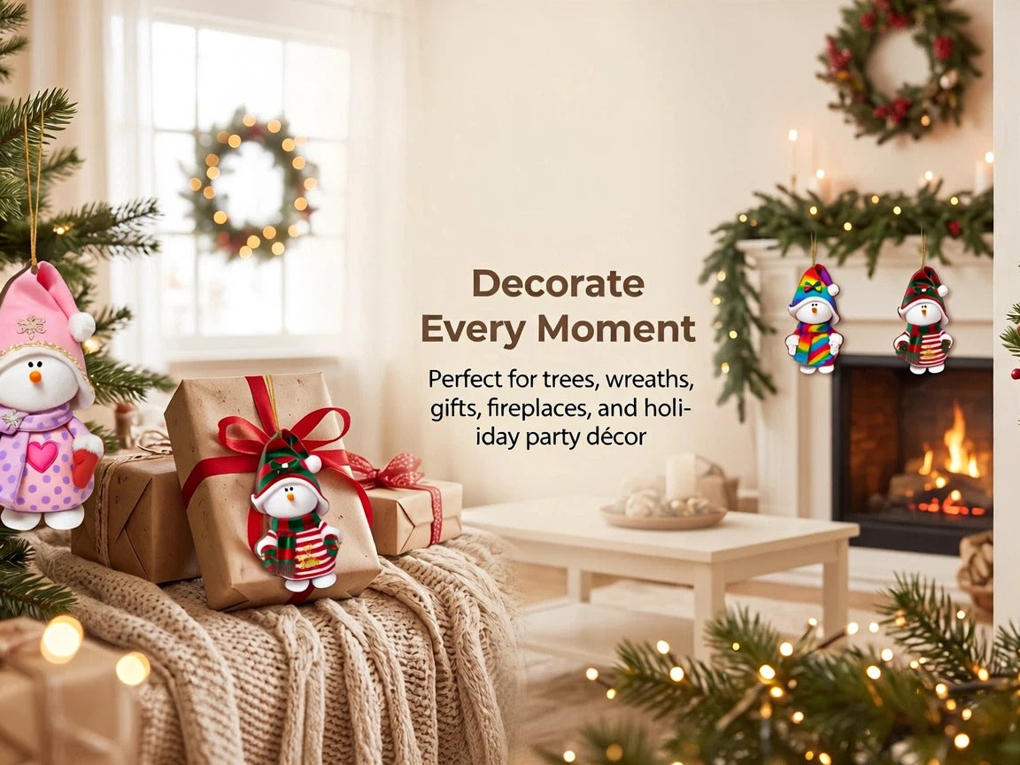 Christmas decorated living room with snowman ornaments