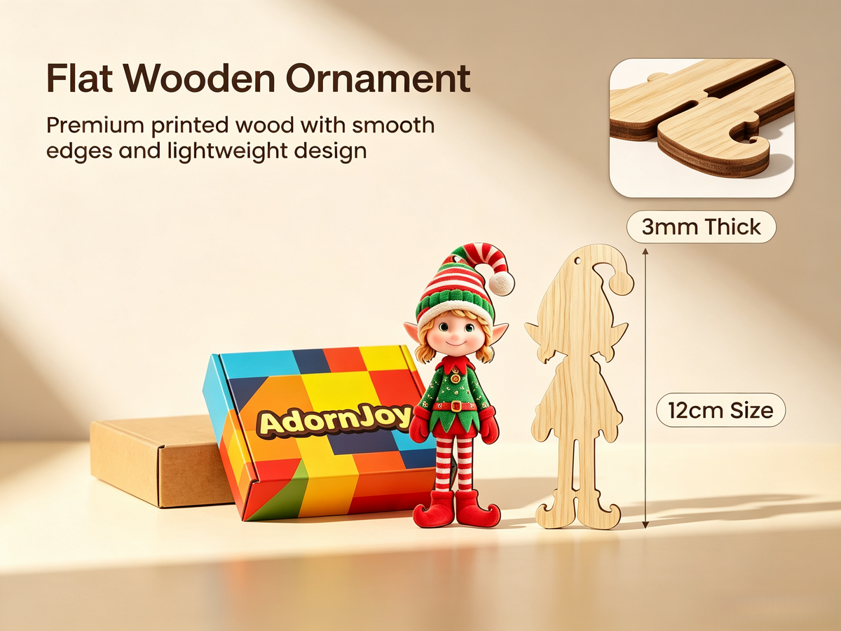 AdornJoy wooden elf ornament with packaging.