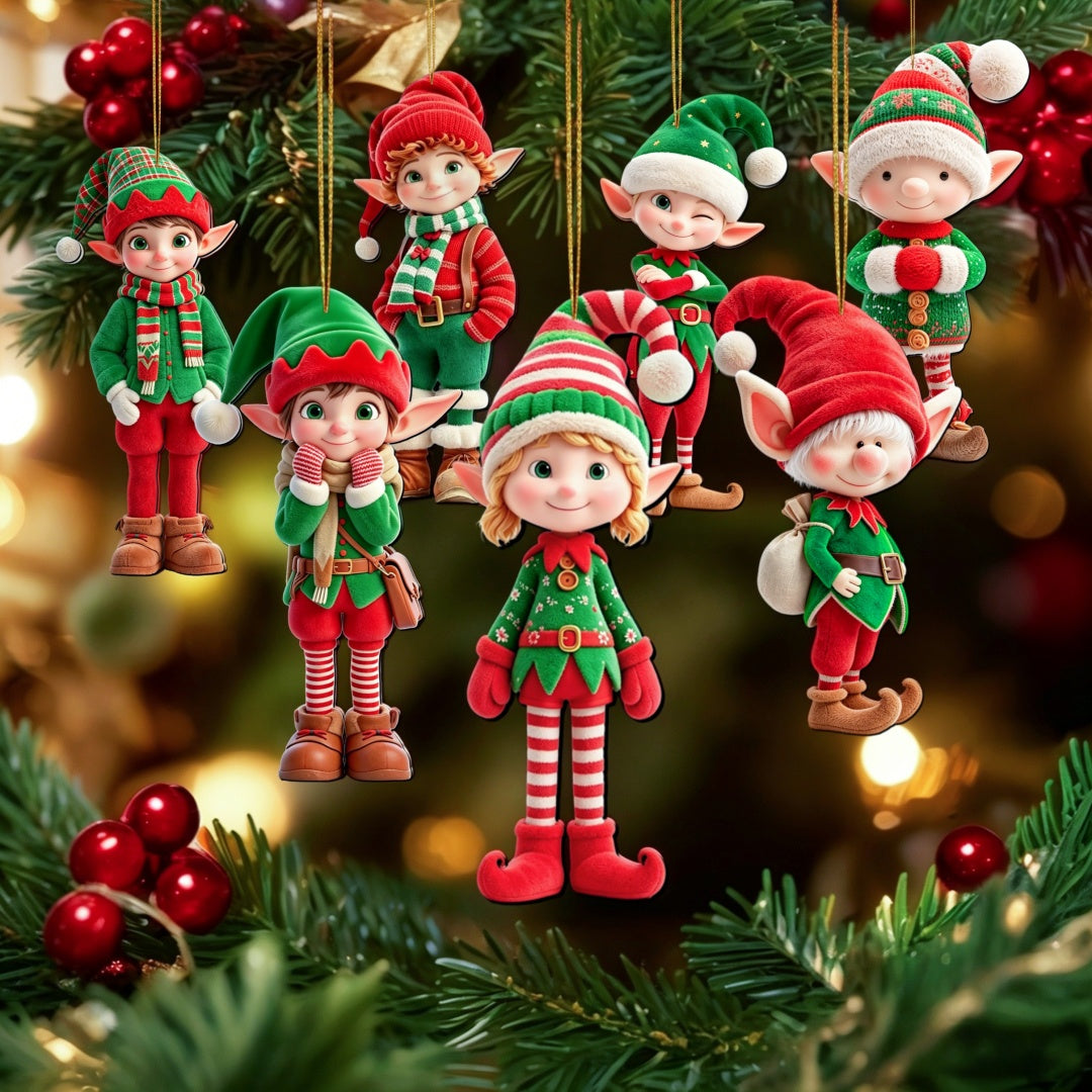 Seven elf Christmas ornaments hanging from a festive tree.