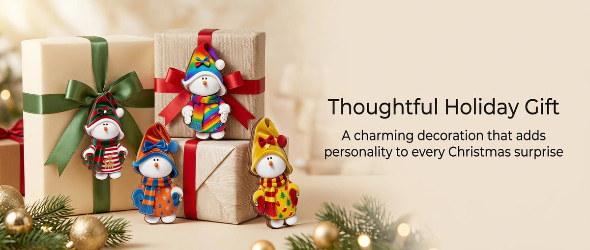 Snowman figurines and gift boxes with holiday decorations.