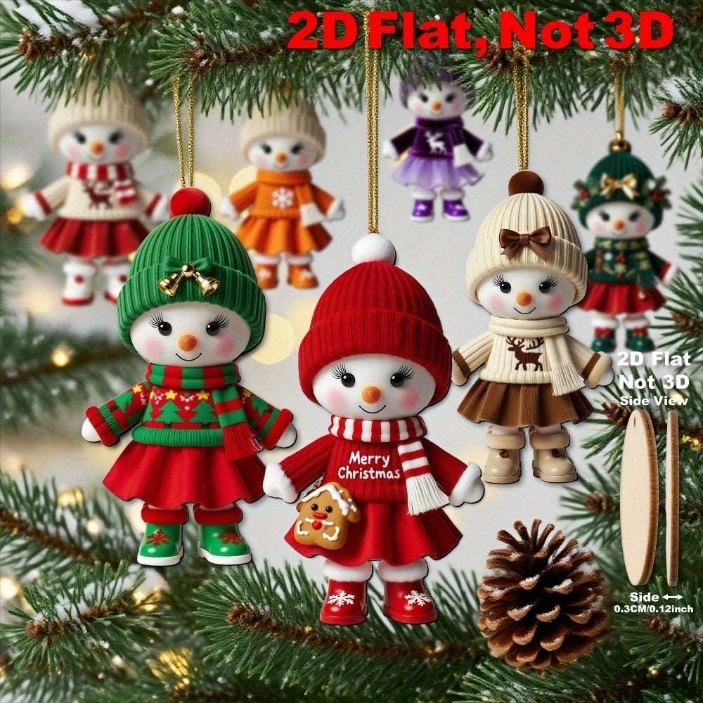 Promotional graphic showing colorful flat snowman wooden ornaments and a side-view comparison indicating their thin profile.