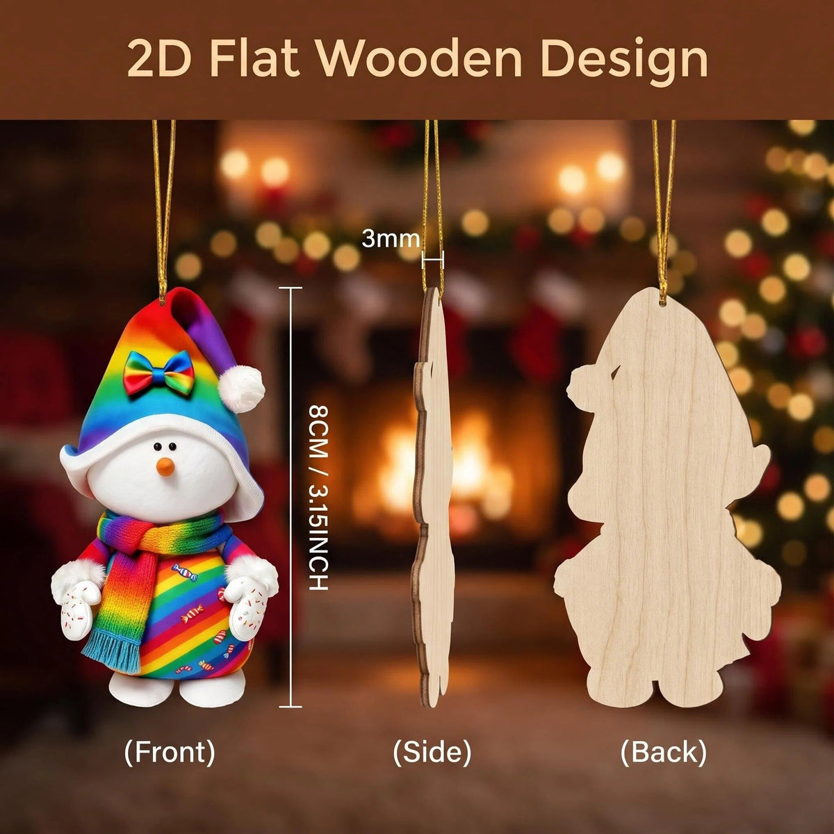 Illustrative feature graphic showing the front, edge, and back of a colorful flat wooden snowman ornament.