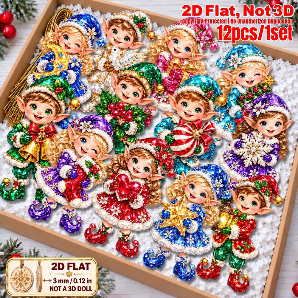2D Flat 12Pcs Colorful Gem Style Christmas Elf Wooden Ornaments, Vibrant Elf Hanging Tree Toppers, Xmas Tree, Wall, Window, Door, Mantel, Porch Decor & Holiday Gift