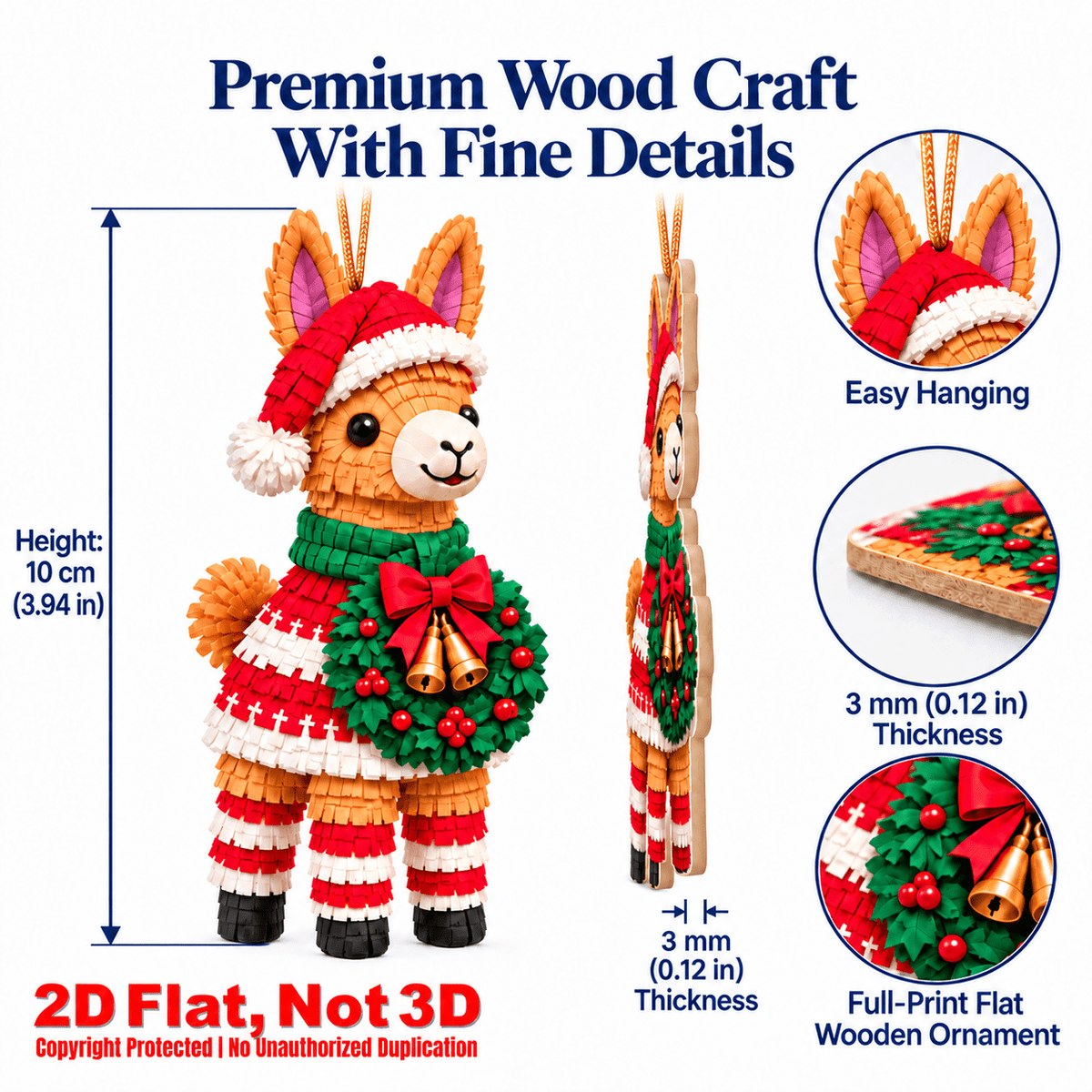 2D Flat 12Pcs Christmas Colorful Knitted Style Llama Wooden Ornaments, Vibrant Xmas Hanging Tree Toppers, Xmas Tree, Wall, Window, Door, Mantel, Porch Decor & Holiday Gift