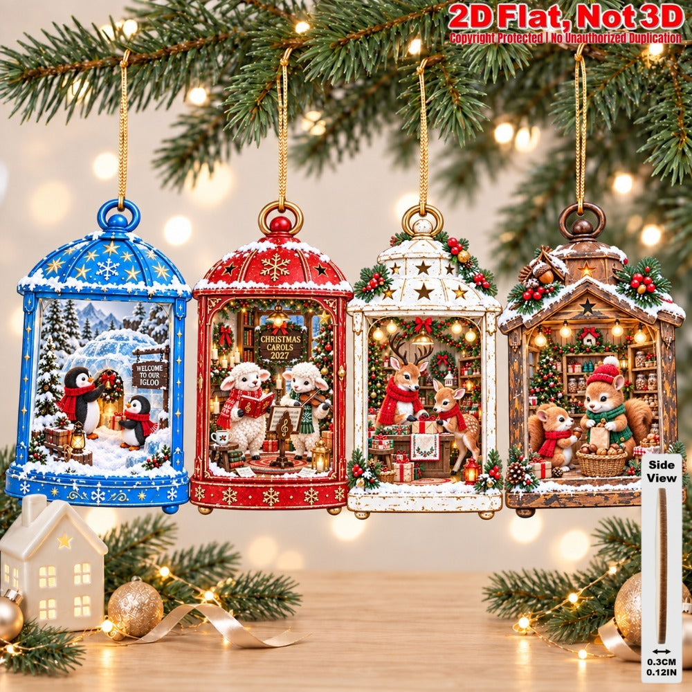 2D Flat 18Pcs Christmas Animal Lantern Scene Wooden Ornaments, Winter Wildlife Lantern Hanging Tree Toppers, Xmas Tree, Wall, Window, Door, Mantel, Porch Decor & Holiday Gift