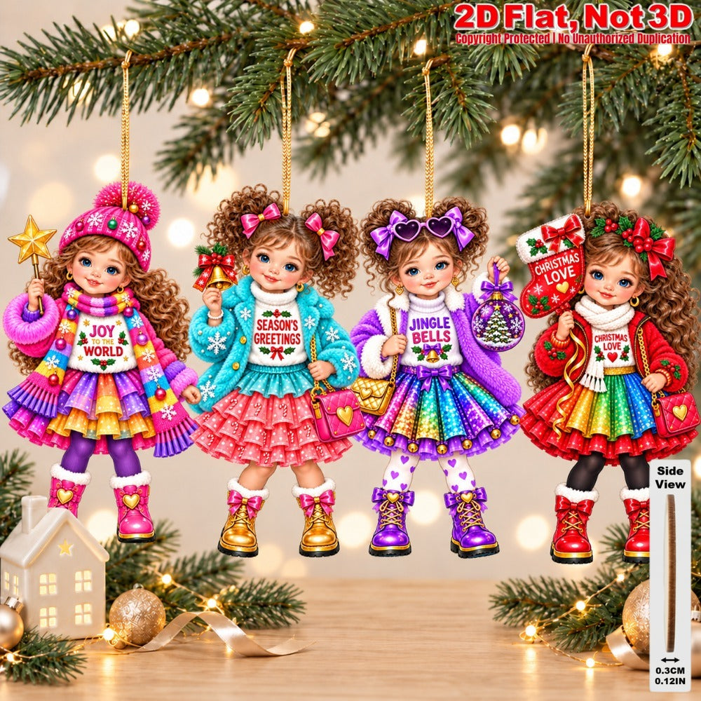 2D Flat 18Pcs Colorful Winter Christmas Girl Wooden Ornaments, Girl with Festive Christmas Greetings Quotes, Vibrant Xmas Hanging Tree Toppers, Xmas Tree, Wall, Window, Door, Mantel, Porch Decor & Holiday Gift