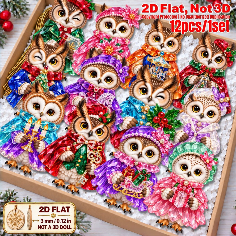 2D Flat 12Pcs Colorful Ornate Christmas Owl Wooden Ornaments, Gorgeous Owl Hanging Tree Toppers, Xmas Tree, Wall, Window, Door, Mantel, Porch Decor & Holiday Gift