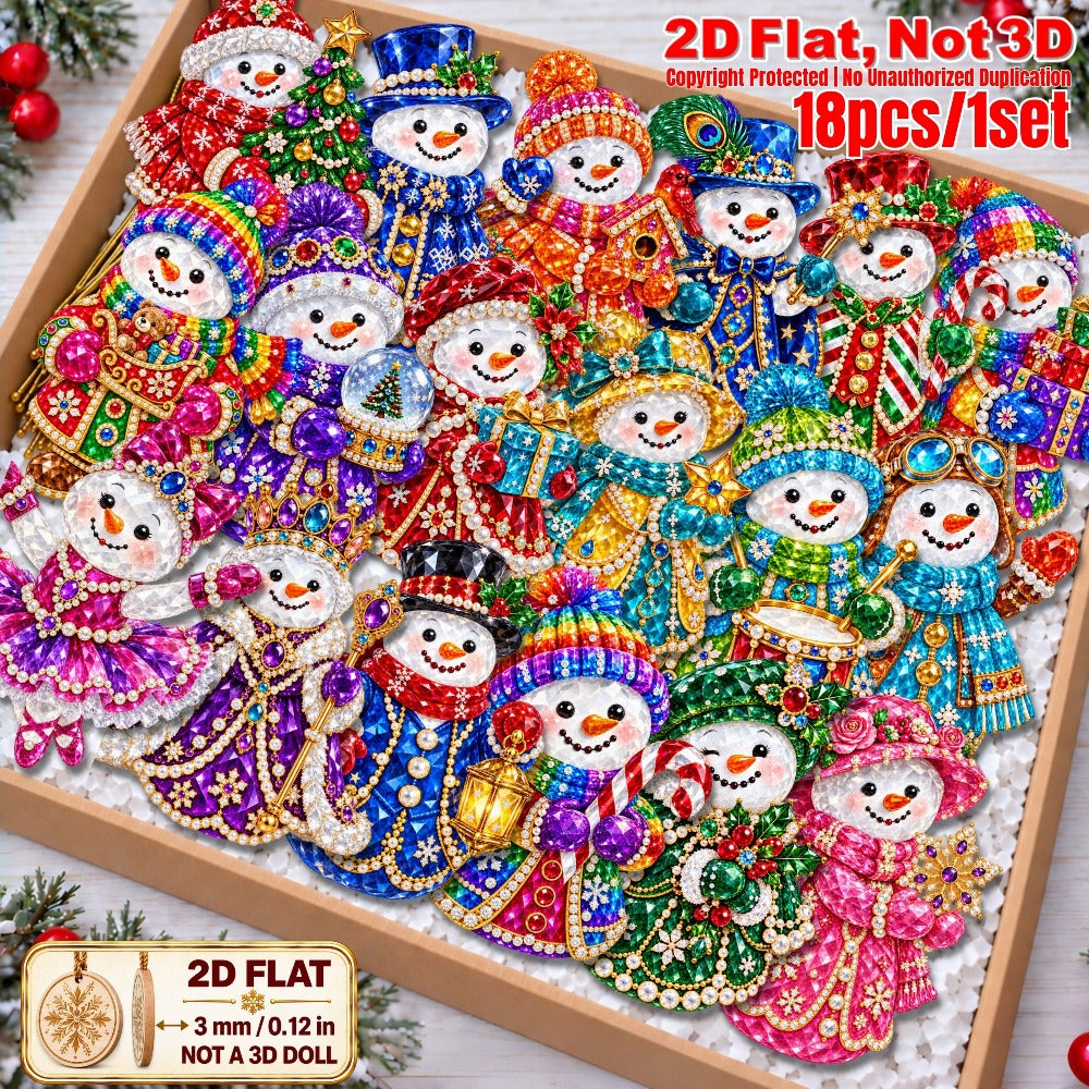 2D Flat 18Pcs Colorful Gem Snowman Christmas Wooden Ornaments, Vibrant Rhinestone Style Snowman Hanging Tree Toppers, Xmas Tree, Wall, Window, Door, Mantel, Porch Decor & Holiday Gift