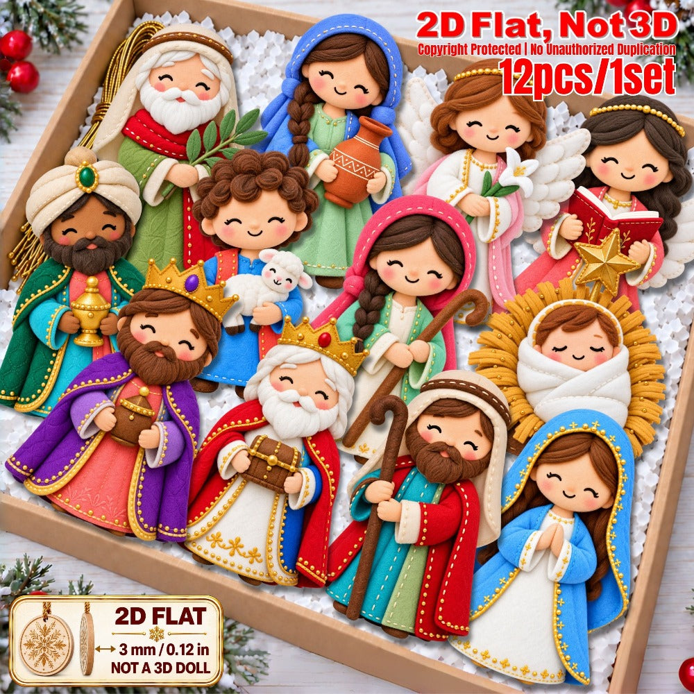 2D Flat 12Pcs Ornate Felt-Style Nativity Character Wooden Ornaments, Gorgeous Holy Birth Figures Hanging Tree Toppers, Xmas Tree, Wall, Window, Door, Mantel, Porch Decor & Holiday Gift