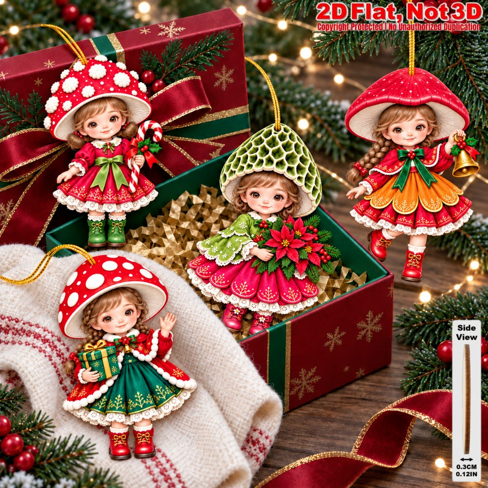 2D Flat 12Pcs Christmas Mushroom Hat Girl Wooden Ornaments, Vibrant Xmas Hanging Tree Toppers, Xmas Tree, Wall, Window, Door, Mantel, Porch Decor & Holiday Gift