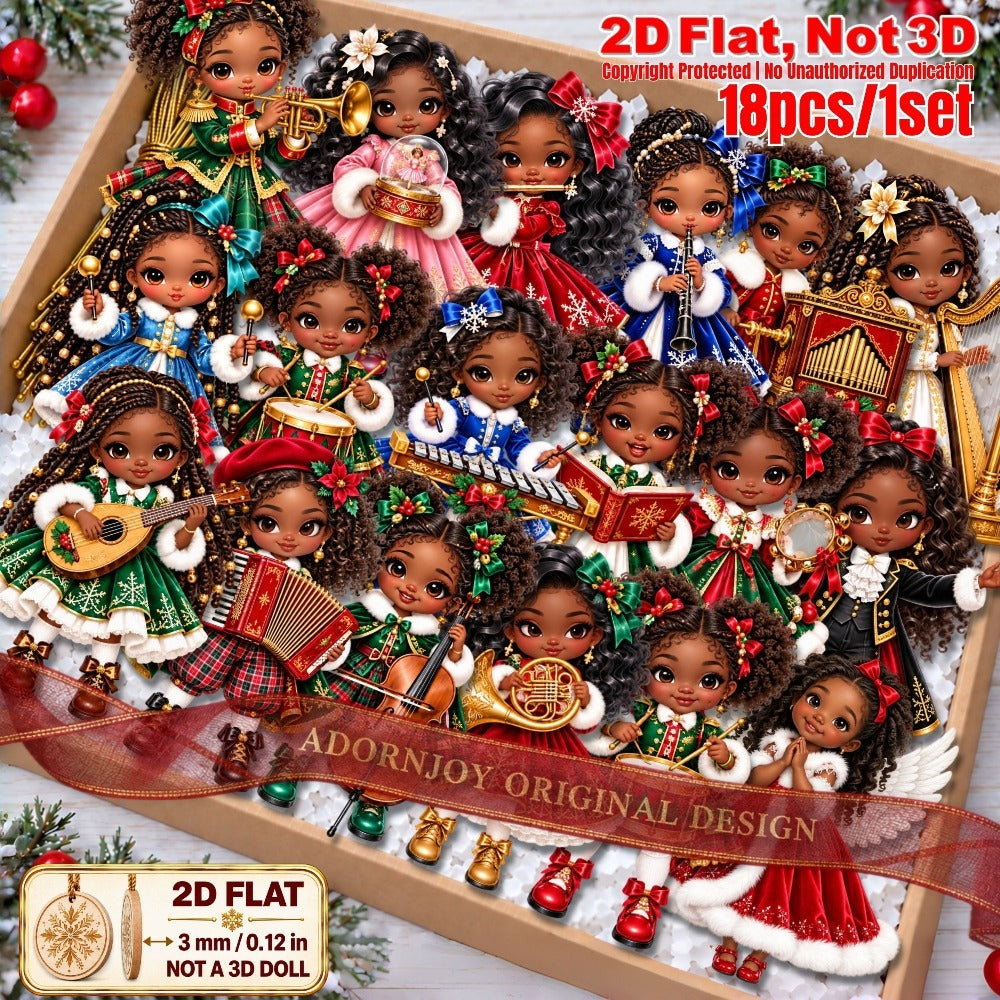 AdornJoy 18 Pcs African American Christmas Musician Ornament Sets - 3mm Festive Band 2D Flat Wooden Christmas Tree Ornaments