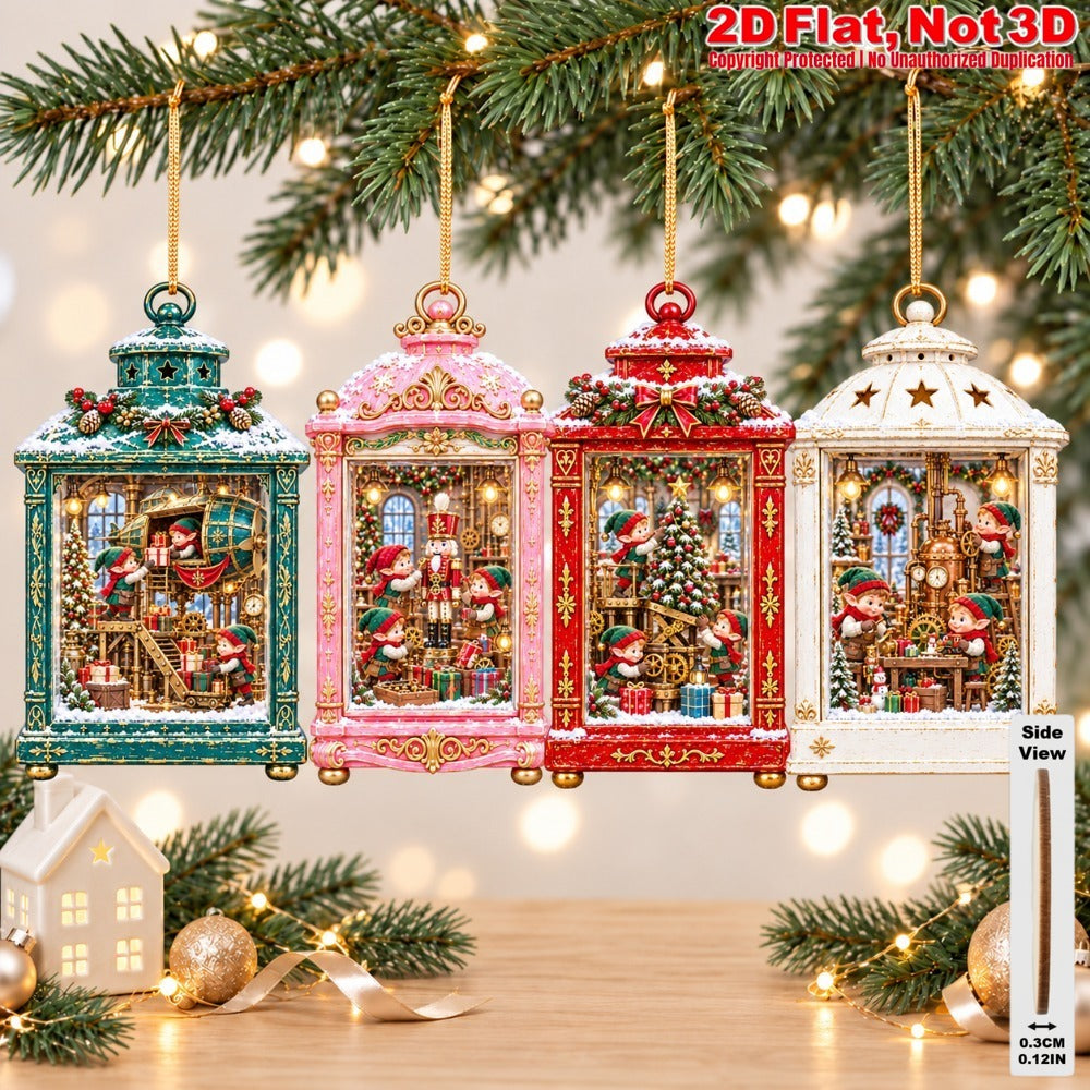 2D Flat 18Pcs Steampunk Elf Mini Scene Wooden Ornaments, Vintage Christmas Lantern Elf Hanging Tree Toppers, Xmas Tree, Wall, Window, Door, Mantel, Porch Decor & Holiday Gift