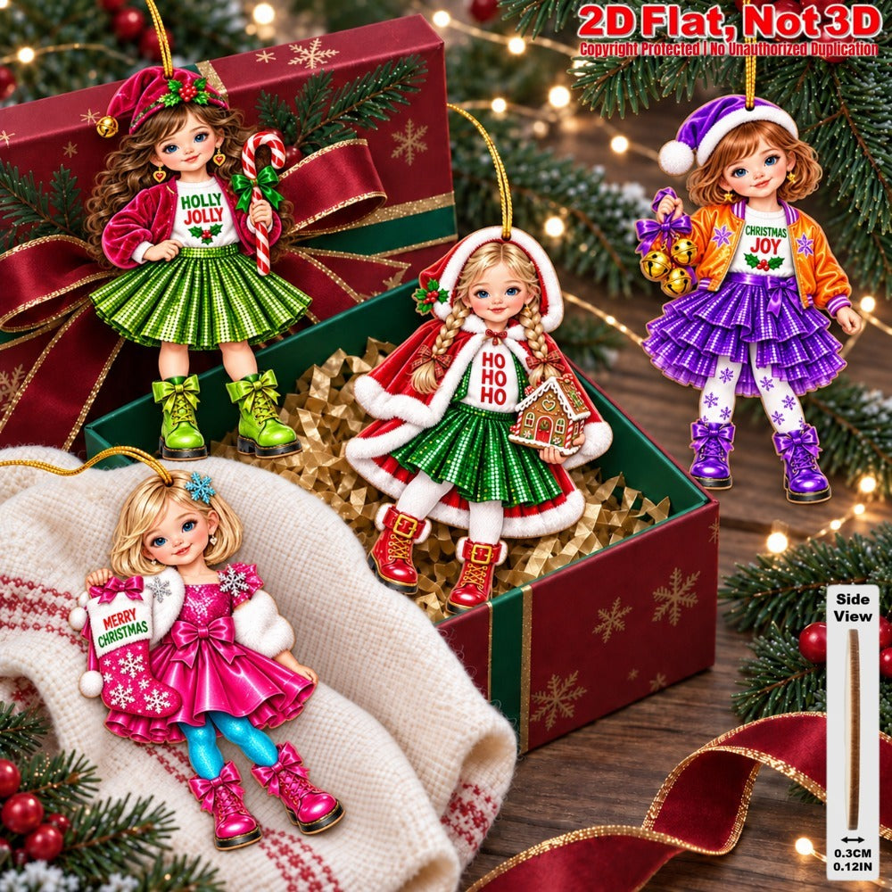 2D Flat 12Pcs Christmas Winter Outfit Girl Wooden Ornaments, Girl with Festive Christmas Greetings Quotes, Vibrant Xmas Hanging Tree Toppers, Xmas Tree, Wall, Window, Door, Mantel, Porch Decor & Holiday Gift