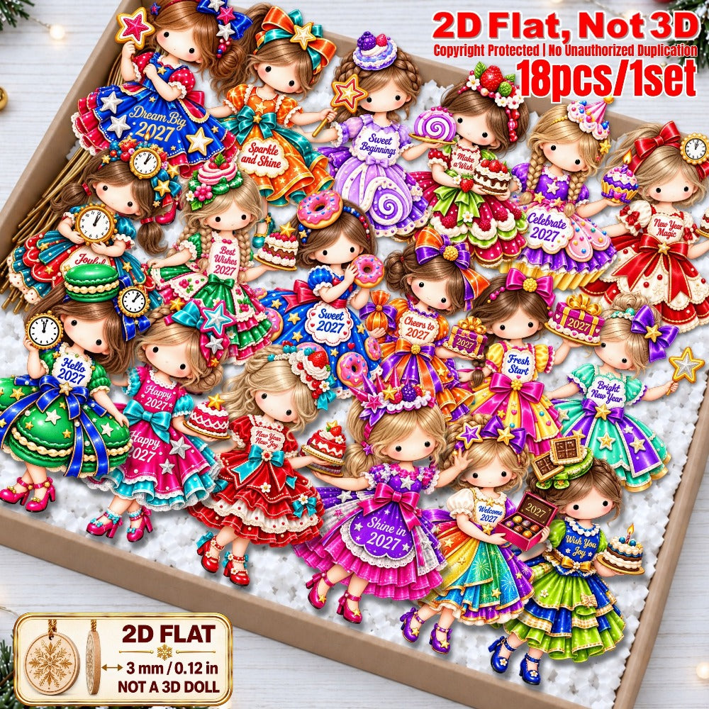 2D Flat 18Pcs New Year Sweet Dessert Girl Wooden Ornaments, 2027 Festive Inspirational Quotes, Vibrant Hanging Tree Toppers, Xmas Tree, Wall, Window, Door, Mantel, Porch Decor & Holiday Gift