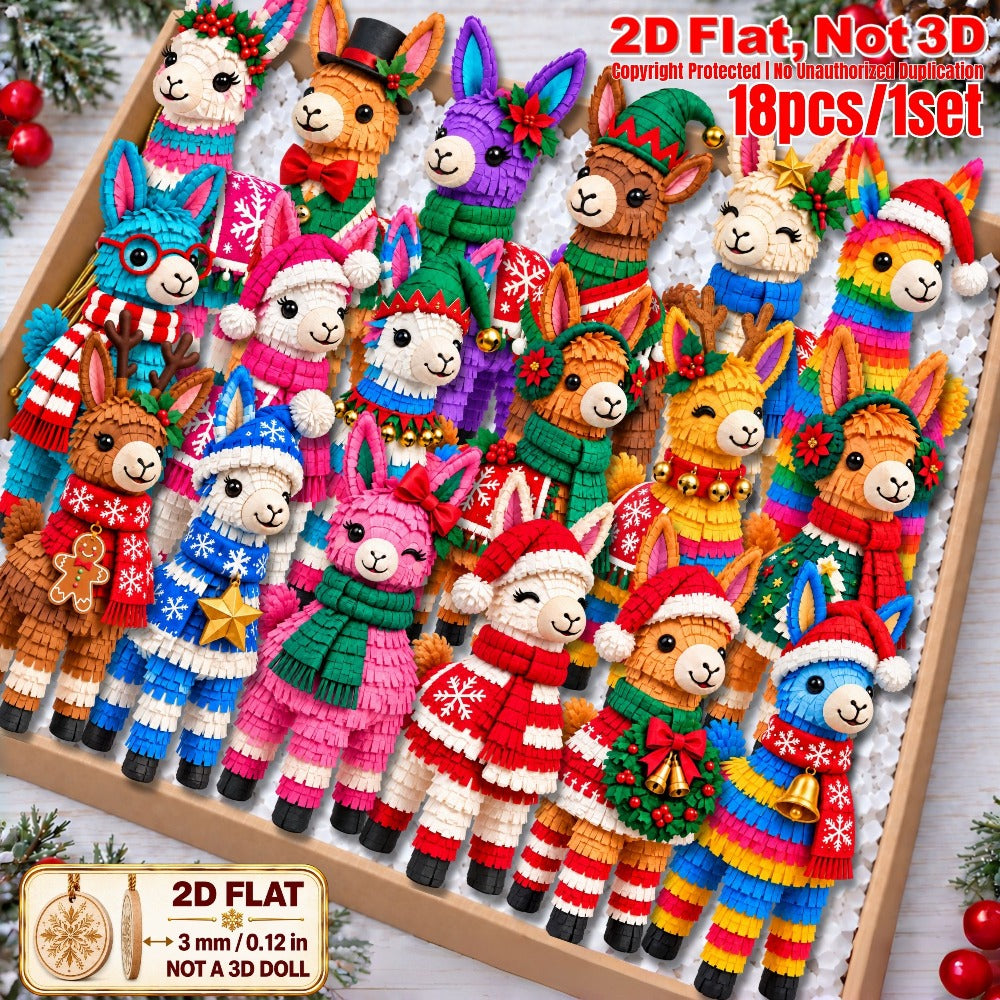 2D Flat 18Pcs Christmas Colorful Knitted Style Llama Wooden Ornaments, Vibrant Xmas Hanging Tree Toppers, Xmas Tree, Wall, Window, Door, Mantel, Porch Decor & Holiday Gift